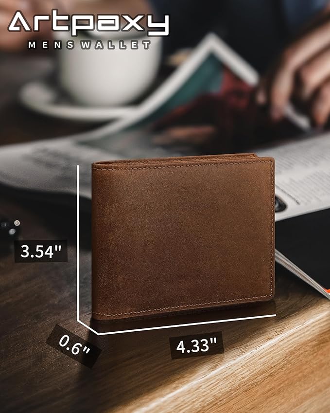 Artpaxy Mens Wallet Genuine Leather Bifold RFID Blocking Wallet for Men with 2 ID Windows 12 Card Holders 2 cash pockets 1 Gift Box