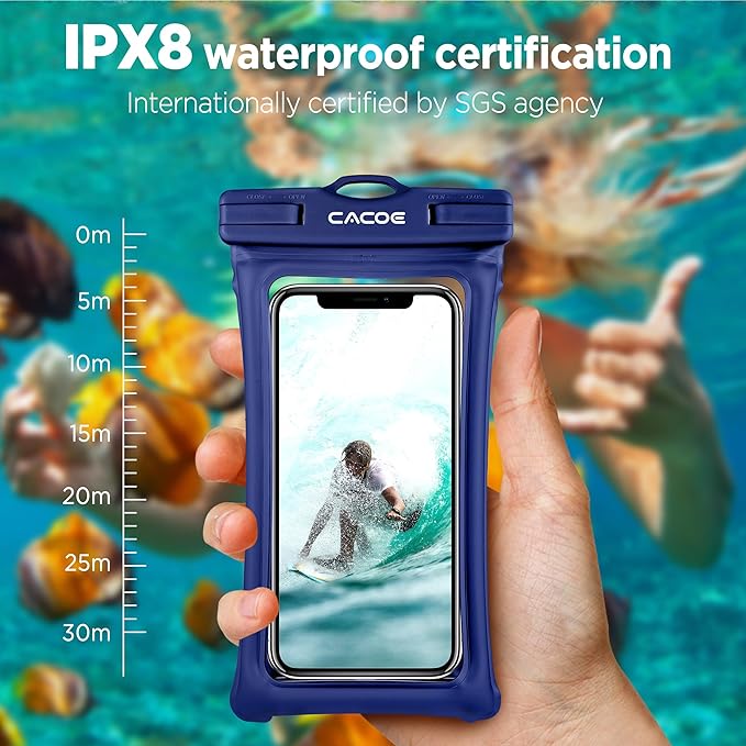CACOE Universal Waterproof Phone case 2 Pcs-Up to 7.0",Phone Pouch with Adjustable Neck Lanyard,IPX8 Cellphone Dry Bags for Beach Pool Swimming (Black+Dark Blue, Up to 7.0"-Floatable)