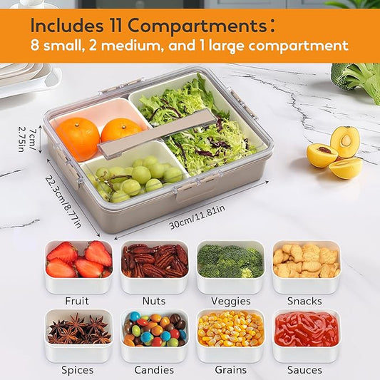 Snackle Box Container for Adults, 11 in 1 Divided Serving Tray Snack Box Containers with Stackable Compartment and Handle, Customizable Charcuterie Boxes Portable Snack Platter for Party Travel, Brown