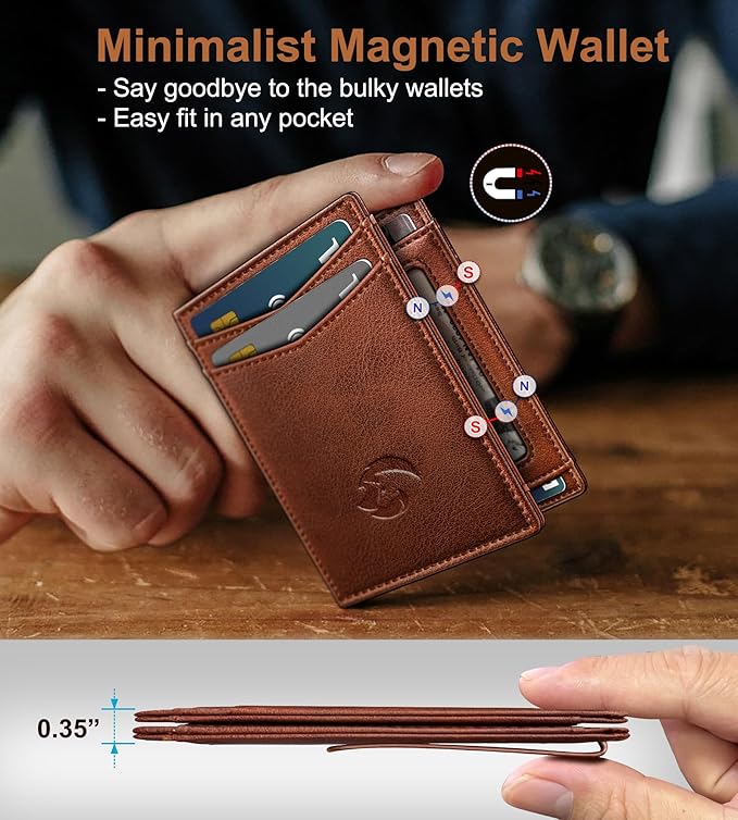 Housmai Magnetic Closure Slim Wallet with Money Clip Gift Boxed,Genuine Leather Front Pocket Wallet for Men, 3.9"x 2.10", RFID Blocking