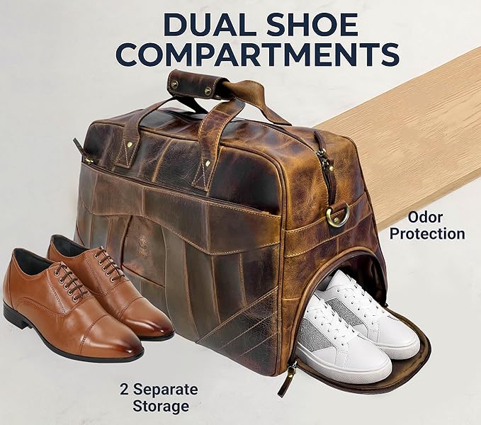 Leather Duffle Bags for Men - Handmade Full Grain Leather Weekender Bag with 2 Shoe Compartment, Underseat Carry On Travel Luggage