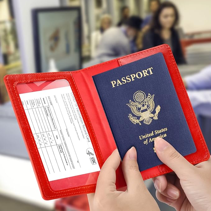 Eoehro Passport and Vaccine Card Holder Combo, Faux Leather, Compact, Lightweight, Waterproof, Red