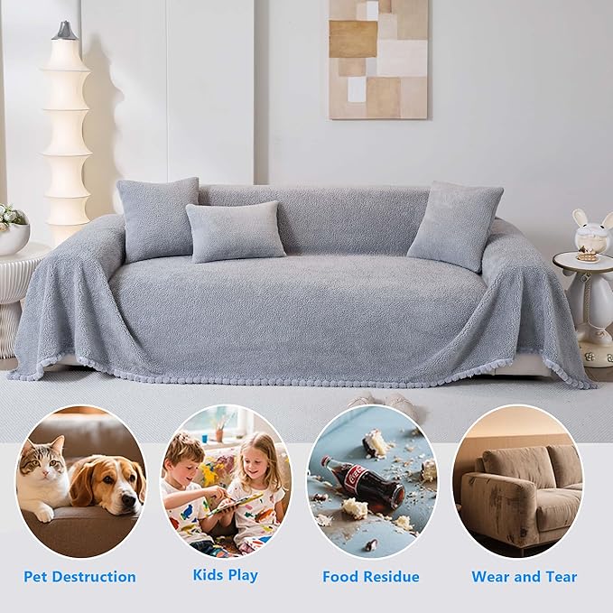Sherpa Fleece Couch Cover for 2 Cushion Sofa, Grey, 71" x 118" – Pet Proof Sofa Covers, Heavy Duty, Scratch Resistant, Pet Friendly Furniture Cover – Easy Install, Machine Washable