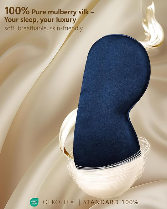 Silk Eye Mask for Sleeping - Soft Breathable Organic Natural Mulberry Silk Fabric Blackout Sleep Mask with Adjustable Straps No Pressure Eye Mask for Travel Essentials Gifts (Navy Blue)