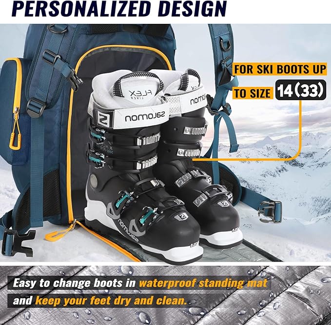 Ski Boot Bag, 65L Durable Travel Backpack, 1680D Nylon Waterproof Snowboard Boot Bag, Skiing and Snowboarding Travel Luggage for Helmet, Goggles, Gloves, Outerwear & Accessories