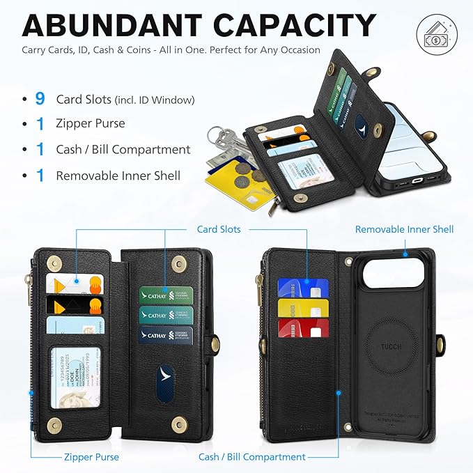 TUCCH Removable Crossbody Case Wallet for iPhone Air 2025, 9 Card Slot RFID Blocking, Stand, Lanyard, Wrist Strap, Wireless Charging, Zipper Pocket, PU Leather, Magnetic Flip Cover, Textured Black