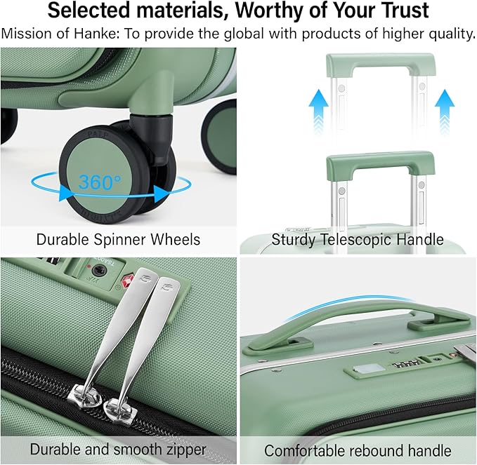 Hanke 20 Inch Carry On Luggage with Cup Holder and Charge,Top Opening Hard Shell Suitcases with Wheels and Dividers,Aluminum Frame Trunk Luggage Small Suitcase with Lock for Travel,Forest Green