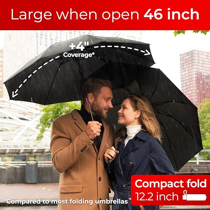 TUMELLA Flip-proof Inverted Travel Umbrella, Small Strong but Light Portable and Automatic Reverse Folding Rain Umbrella, Durable Premium Grip, Fits Car & Backpack