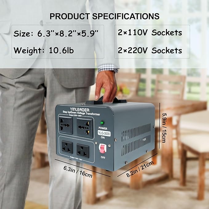 Yinleader Voltage Converter Transformer 3000w Step Up/Down Power Converter 110-120V to 220-240V/220-240V to 110-120V, with 2 US & 2 Universal Outlets, Circuit Breaker Protection (Grey)