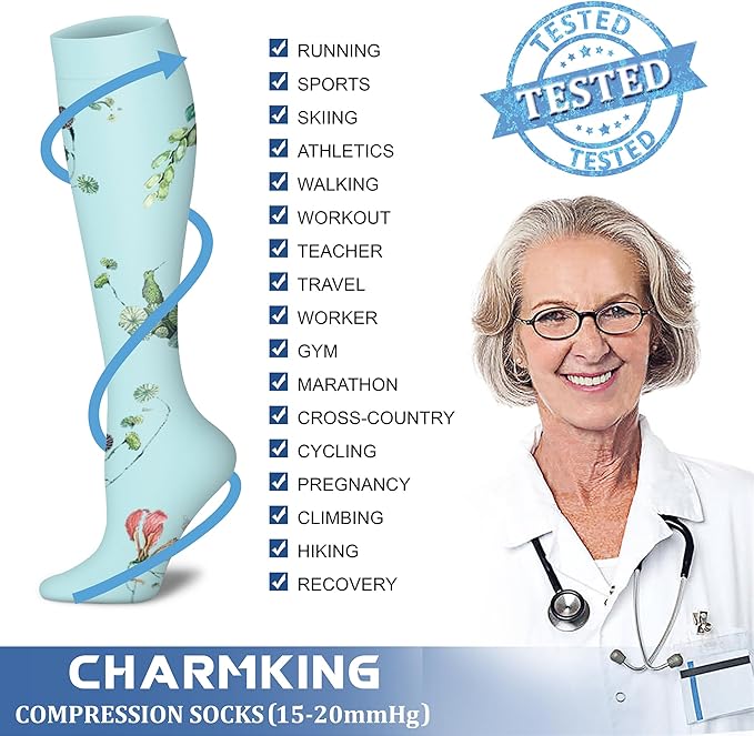 CHARMKING Compression Socks for Women & Men Circulation (8 Pairs) 15-20 mmHg is Best Support for Athletic Running,Cycling