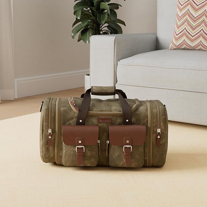 Wildroad Waxed Canvas Duffle Bag - 60L Waterproof Genuine Leather Weekender Overnight Travel Hand Bag