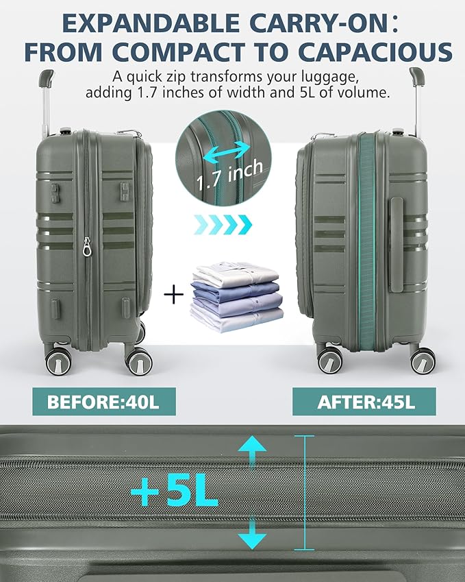 RAINSMORE Expandable Carry on Luggage 20 Inch, Airline Approved Carry on Suitcase with Front Pocket&Laptop Compartment, Hardshell Rolling Travel Luggage with Spinner Wheels,Sage Green