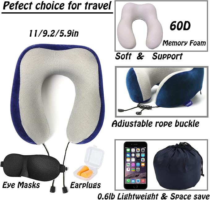 Travel Pillow,Travel Neck Pillows for Sleeping,100% Pure Memory Foam Soft Comfort & Support Pillow for Airplane/Car/Office&Home Rest Use-Blue