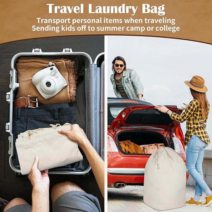 Canvas Laundry Bags with Handles & Square Base13.8"x 13.8", Large Heavy Duty Laundry Hamper Bag, College Dorm Washable Drawstring Cotton Dirty Clothes Sack (Beige,2 Pack)