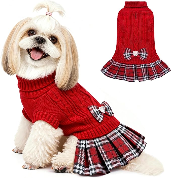 YUDODO Small Dog Sweater Dress with Bowtie Turtleneck - Knitted Pet Girl Dog Winter Clothes - Pet Warm Sweater for Puppy Yorkies, Chihuahua (L Red)