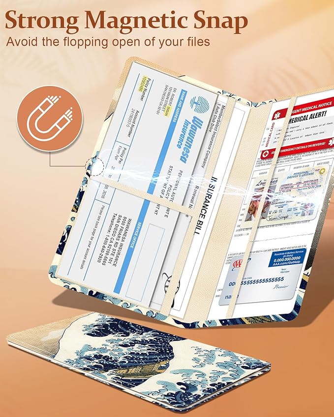 Slohif Car Registration and Insurance Card Holder with Magnetic Shut - Vehicle Glove Box Organizer Women Leather Automobile License Holders Coasters Auto Accessories Case for Document,Wave