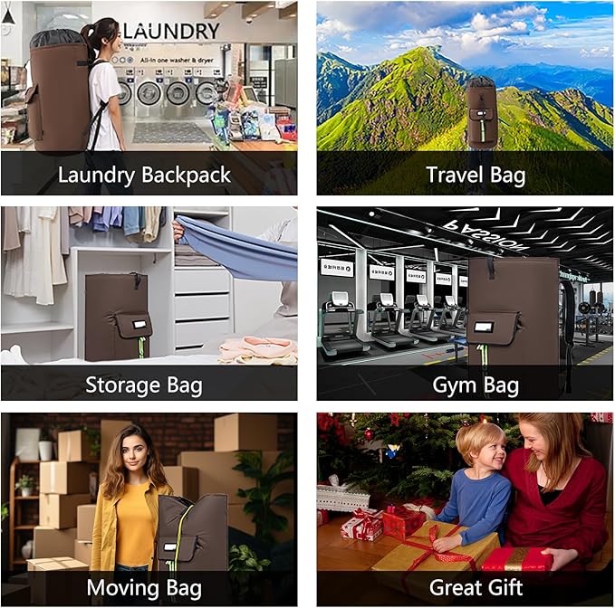 laundry bag backpack,extra-large heavy duty laundry bags,laundry backpack for college students,drawstring closure (Brown)