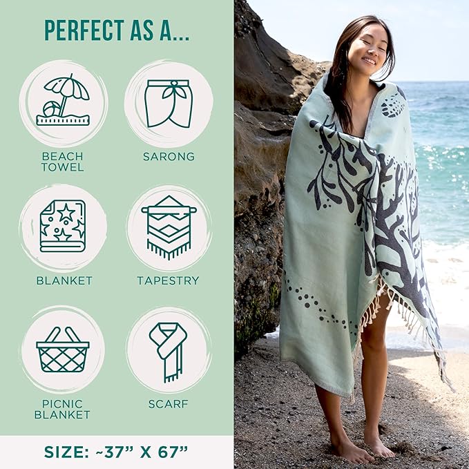 Sand Cloud Turkish Beach Towel - Sand Free - 100% Organic Turkish Cotton Yarn - Quick Dry Towel for Beach, Picnic, Blanket or Bath - As Seen on Shark Tank - Marine Life (Bubbles Turtle)