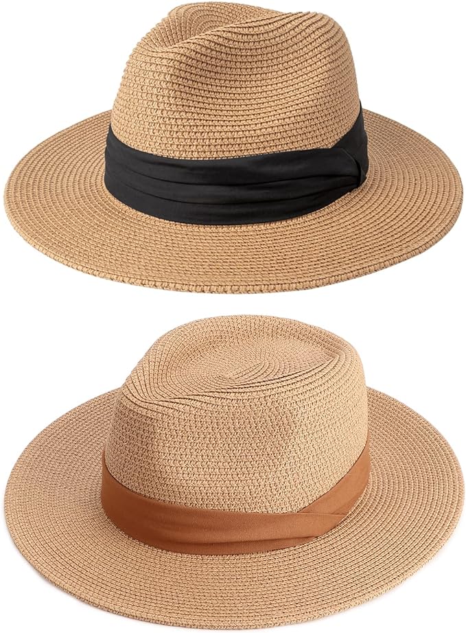DRESHOW Women Straw Panama Hat Travel Fedora Beach Sun Hat Summer Wide Brim Straw Roll up Hat UPF 50+