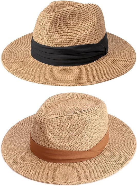 DRESHOW Women Straw Panama Hat Travel Fedora Beach Sun Hat Summer Wide Brim Straw Roll up Hat UPF 50+