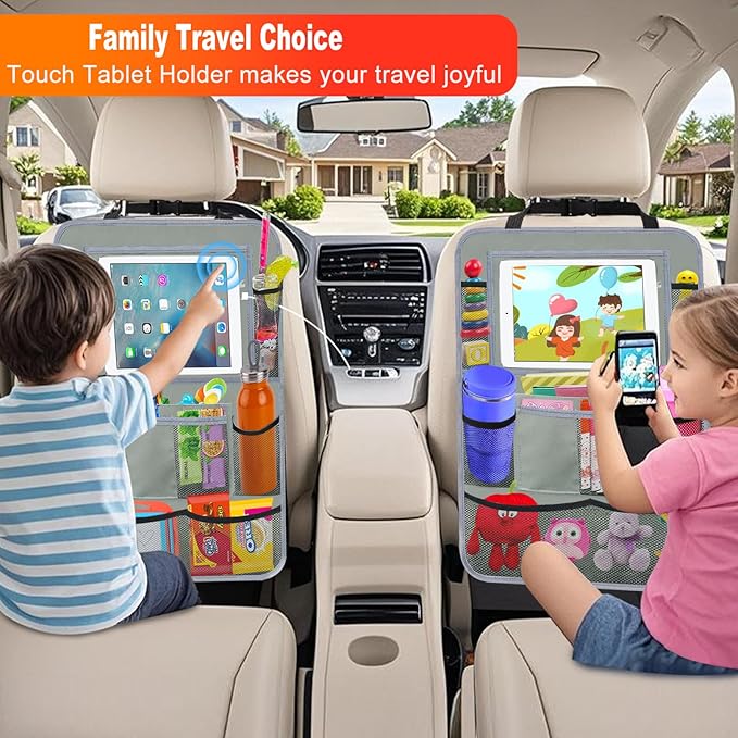 Car Backseat Organizer ，2 Pack Car Organizer Back Seat with 11" Tablet Holder, 10 Storage Pockets Seat Back Protectors Kick Mats for Kids Toddlers, Travel Accessories (Grey)
