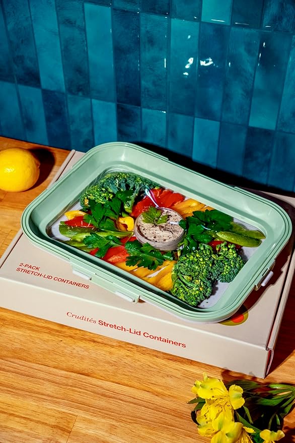 Crudités | Portable Snack Tray | Rectangle 2-Pack | Sage Green | Reversible Stretch Lid Food Containers | BPA-Free, Freezer & Dishwasher Safe | Meal-Prep, Charcuterie, Salads, Picnic, Travel