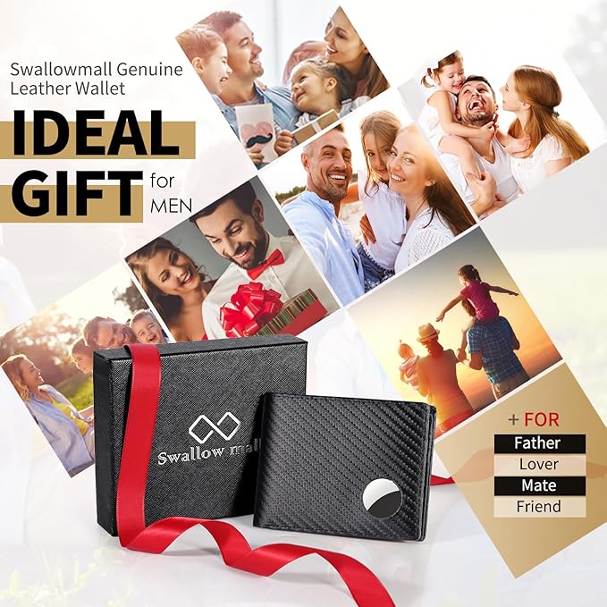 Swallowmall AirTag Wallet Mens RFID Blocking Genuine Leather Bifold Men's Wallet For air tag with 1 ID Window 13 Card Holders BlackStripe(Airtag Not included)