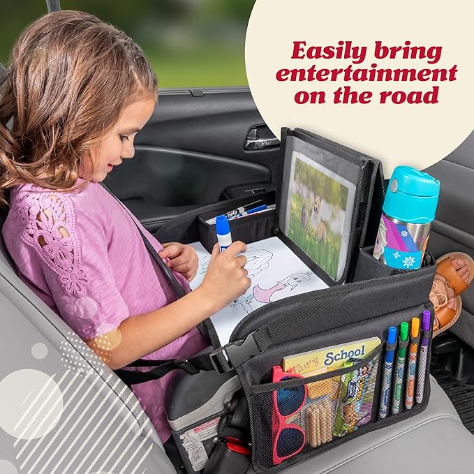 Lusso Gear Kids Travel Tray for Car - Road Trip Essentials for Kids - Car Seat Tray for Travel - Toddler Travel Lap Desk and Organizer - Holds Snacks, Water Bottle, Toys (Blue)