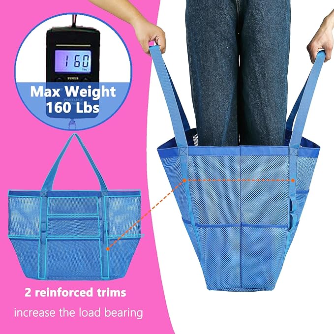 Mesh Beach Bag, Large Beach Tote with Zipper Pocket for Family Pool Bag for Toys & Vacation Essentials