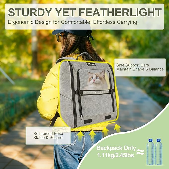 Pet Backpack Carrier for Small Dogs and Cats, Comfortable Portable Cat Bag for Travel Use with Ventilated Mesh, Safety Strap, and Easy-Clean Waterproof Fabric, Grey