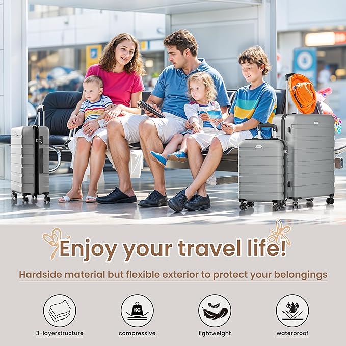 AnyZip Luggage Sets 3 Piece Hardshell Suitcase Set PC ABS Lightweight Travel Suitcases with 4 Double Spinner Wheels TSA Lock 20 24 28 Inch Silver