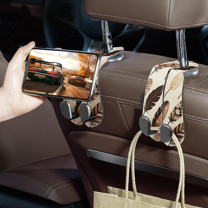 CoBak Purse Hook for Car - Universal Premium Stitched Leather and Aluminum-Magnesium Alloy Double Car Seat Back Storage Hook for Purses, Handbags, Bags (2 Pack),Brown