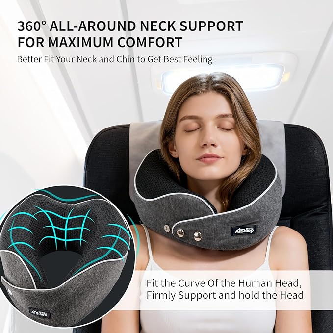 Travel Pillow, Memory Foam Neck Pillow Airplane, Travel Pillows for Airplanes, 360º Ergonomic Design Travel Neck Pillow for Travel, Car Rides, and Home, Ideal for Adults and Kids