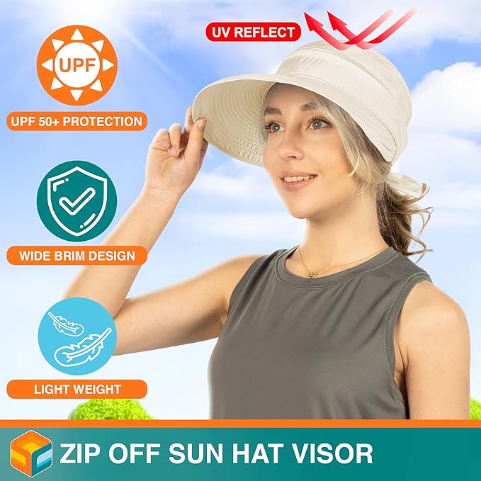 SUN CUBE Women Sun Hat for Outdoor UV Protection, Wide Brim Sun Hat Ponytail, Convertible Zip-Off Beach Hat Visor