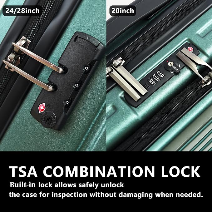 TydeCkare 2pcs 20/28" Luggage Set Lightweight HardShell, Only 20 Inch Carry On 21.65 * 15.35 * 7.87" Cabin Suitcase with Front Pocket, 28 Inch 19.68 * 11.81 * 29.92" Checked Luggage, Green