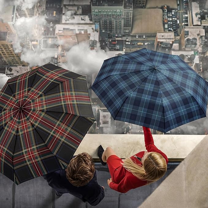 Knirps T.200 Duomatic Compact Rain Umbrella in Check Hunter– Wind Tunnel Tested to 93 mph, Aluminum Steel Fiberglass Frame, 38in Canopy, OEKO-TEX, High-Performance Automatic Travel Umbrellas