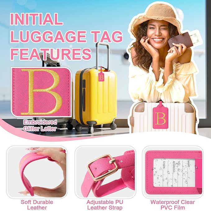 izuzta Personalized Initial Luggage Tags, Rose Red Leather, Embroidered Custom Monogram, Privacy Cover, TSA Approved, 1 Count, Rectangular, Luggage Tag