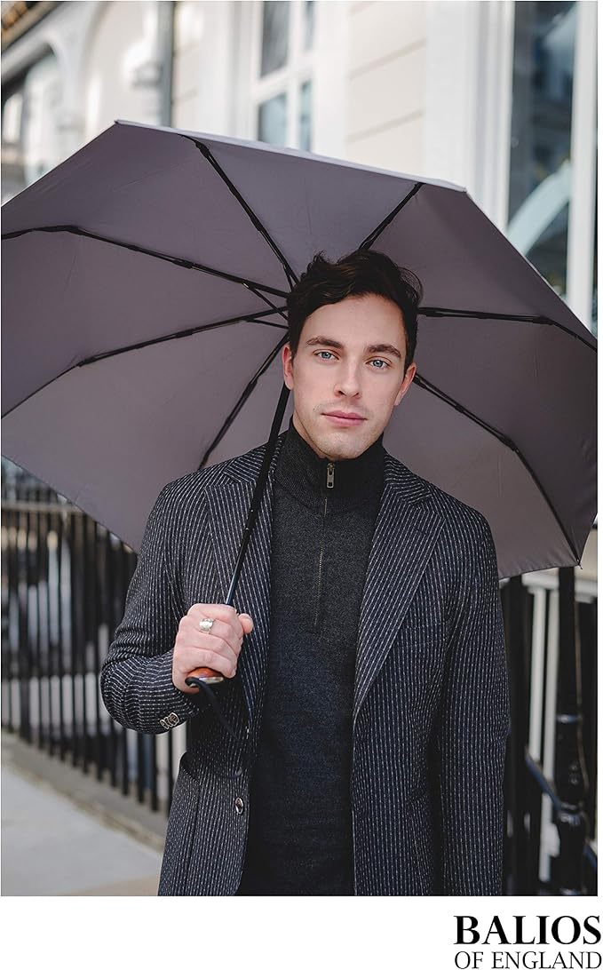 Balios (Designed in UK) Travel Umbrella Luxurious Golden Hardwood Handle Auto Open & Close Windproof Frame Single Canopy Automatic Folding Umbrella Men's & Ladies