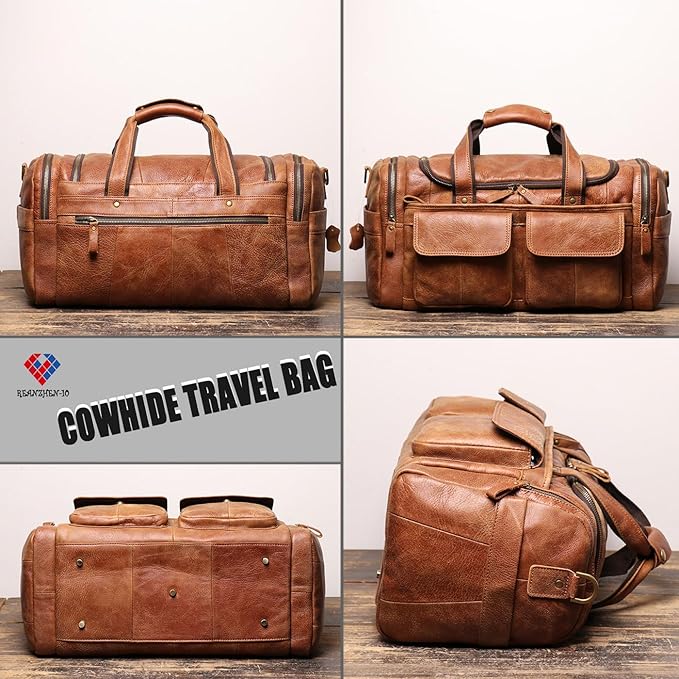 Full CowhideLeather Large duffel bags for men holdall leather travel bag overnight gym sports weekend bag (brown)
