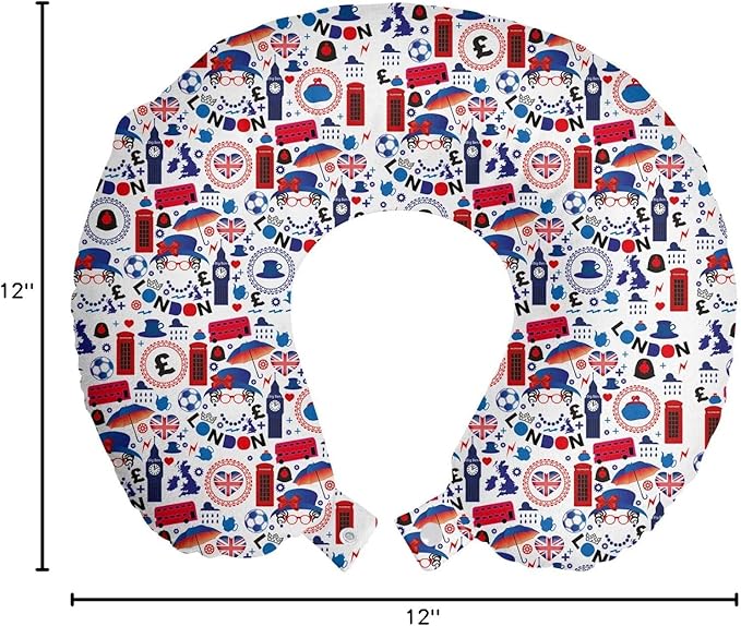 Ambesonne London Travel Pillow Neck Rest, Pattern with London Queen Elizabeth Umbrella Tea Party Map Travel Theme, Memory Foam Traveling Accessory for Airplane and Car, 12", Ruby Blue