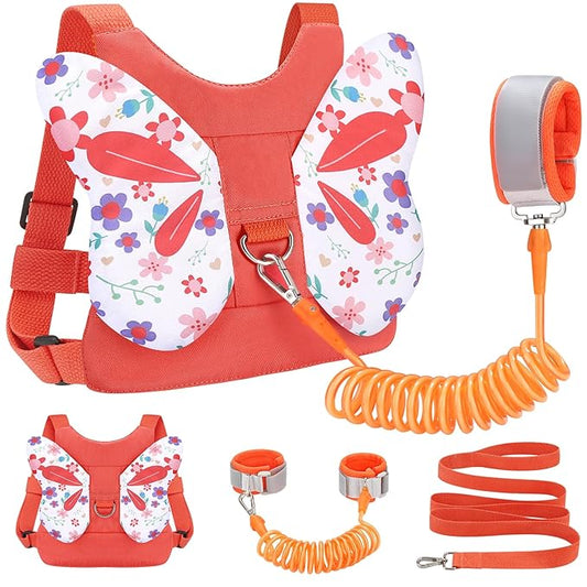 Accmor Toddler Harness Leash + Anti Lost Wrist Link, Cute Butterfly Kids Leash for Outdoor Travel, Child Walking Harness Wristband Assistant Strap Belt Keep Kids Close for Baby Boys Girls (Orange)