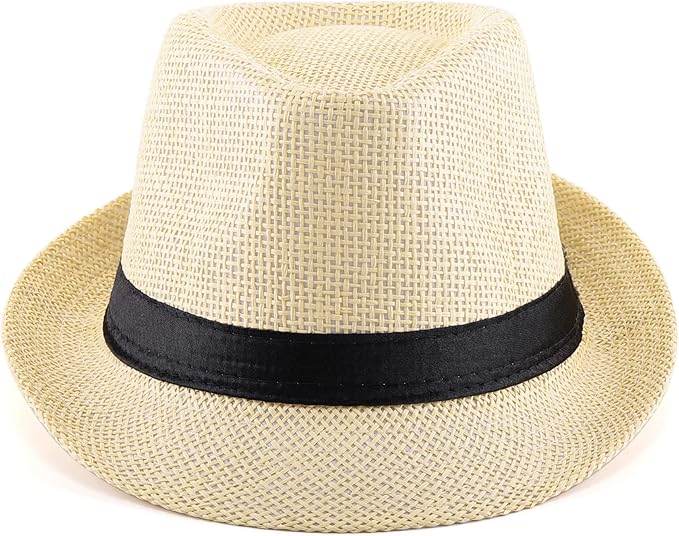 FALETO Unisex Summer Panama Straw Fedora Hat Short Brim Beach Sun Cap Classic