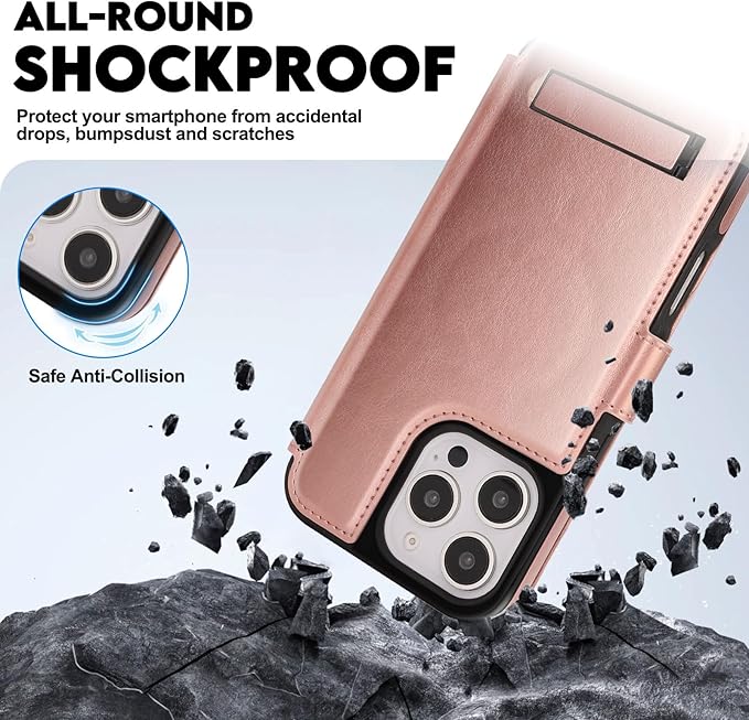 CIVICASE for iPhone 16 Pro Wallet Case with Stand,PU Leather Flip Credit Card Holder Slots (RFID Blocking),Compatible with Magsafe Magnetic Holder Phone Cover Women Men,Rose Gold