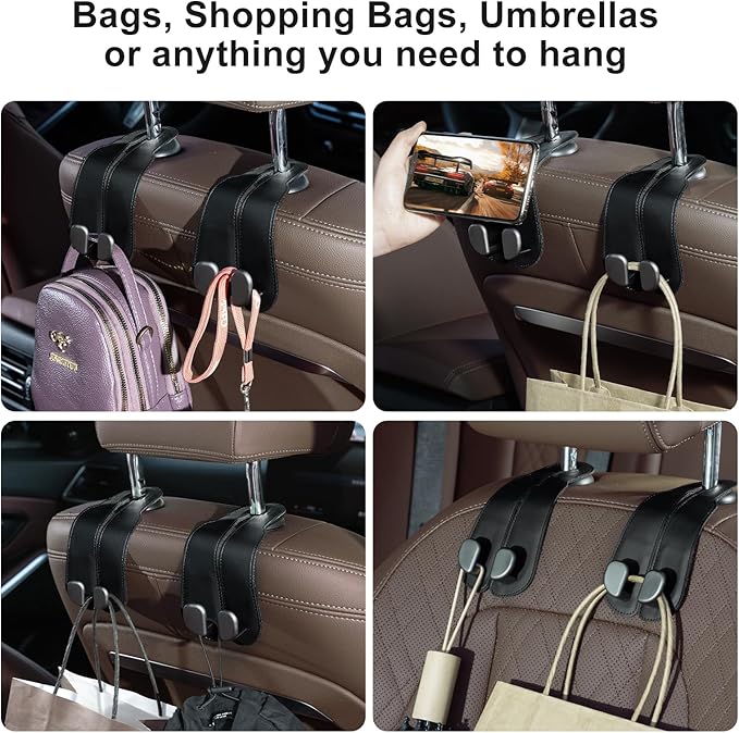 CoBak Purse Hook for Car - Universal Premium Stitched Leather and Aluminum-Magnesium Alloy Double Car Seat Back Storage Hook for Purses, Handbags, Bags (2 Pack),Black