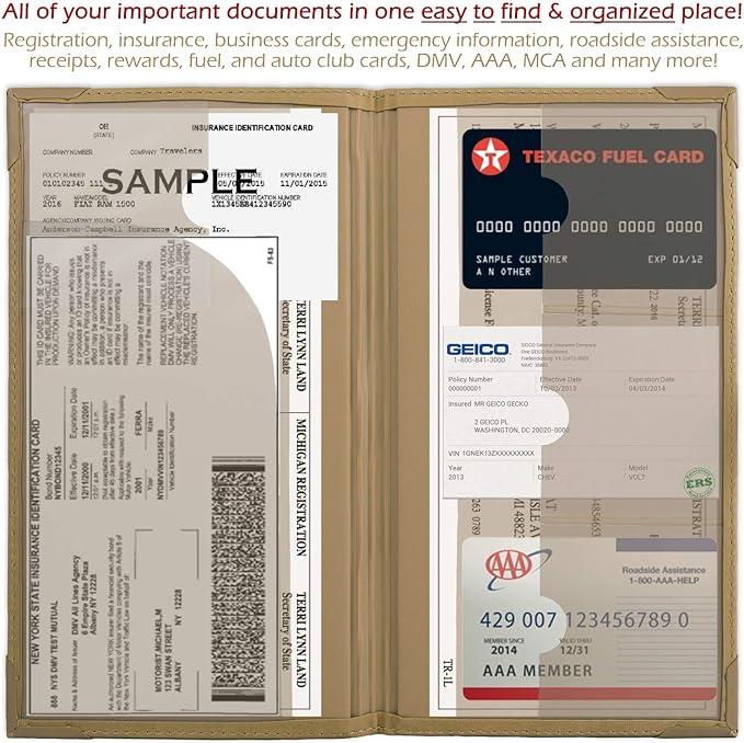 Auto Insurance and Registration Card Holder - Vehicle Glove Box Document Organizer - Car Essential Paperwork Holder for DMV, AAA, Contact Information Cards - Premium PU Leather Wallet Case - Beige