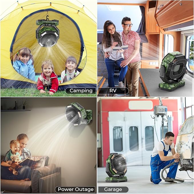 40000mAh Camping Fan with Light - 12in Rechargeable Battery Powered Fan (136H Cool Max), 90°Auto Oscillating with Remote & Charger, 4 Speeds & Timers for Outdoor/Patio/Garage/Jobsite/Hurricane/Outage
