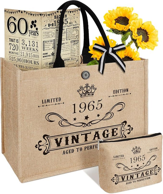 YeohJoy 60th Birthday Gifts for Women Jute Tote Bag, Vintage 1965 Burlap Bag with Cosmetic Bag and Back in 1965 Poster, Unique 60 Years Old Gifts for Mom Friends Wife Sister Her