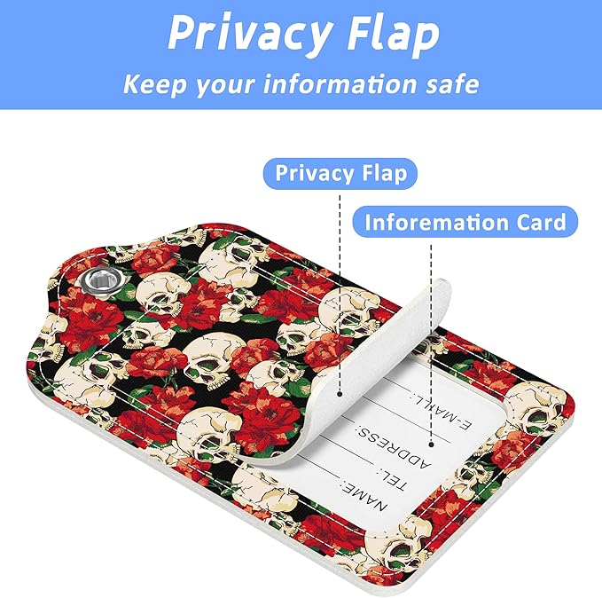 2 Pack Luggage Tags for Suitcase Day of The Dead Skull and Flowers Leather Stainless Steel Loop Label Tags for Women Men Travel Bag Suitcase with Privacy Cover Name ID Card