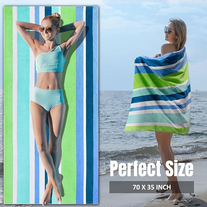 cabanana Large Beach Towel Oversized - Cotton Velour 35 x 70 Inch Rainbow Striped Terry Pool Towel, Cabana Soft Swimming Towel for Adults Women Men (Rainbow Blue)