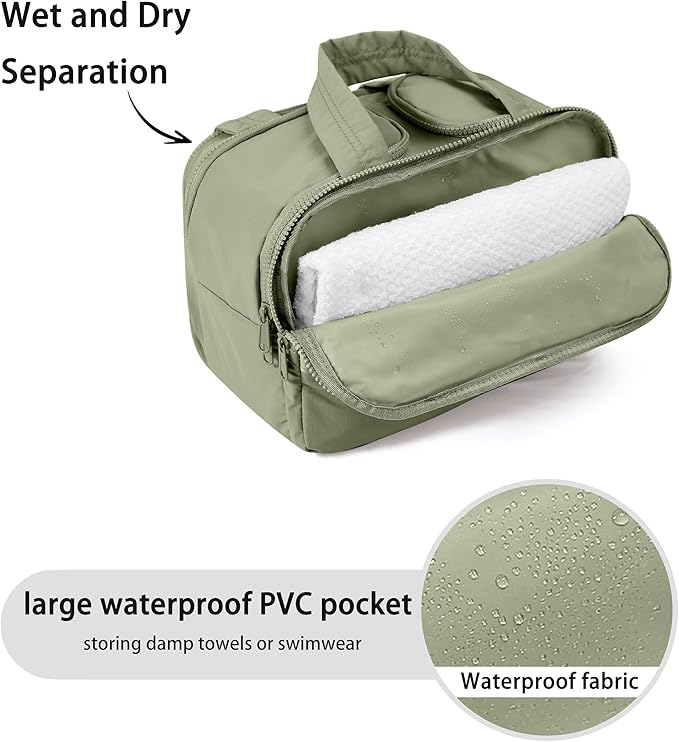 Travel Toiletry Bag for Women, Large Wide-open Puffy Cosmetic Makeup Bag with Wet-Dry Separation, Multi-Pocket Organizer with Carry Handle for Toiletries, Cosmetics, Essentials, Green